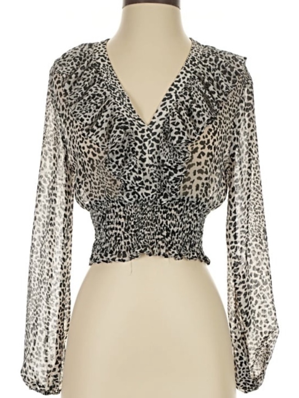 Zara Black and White Leopard Print V-Neck Blouse